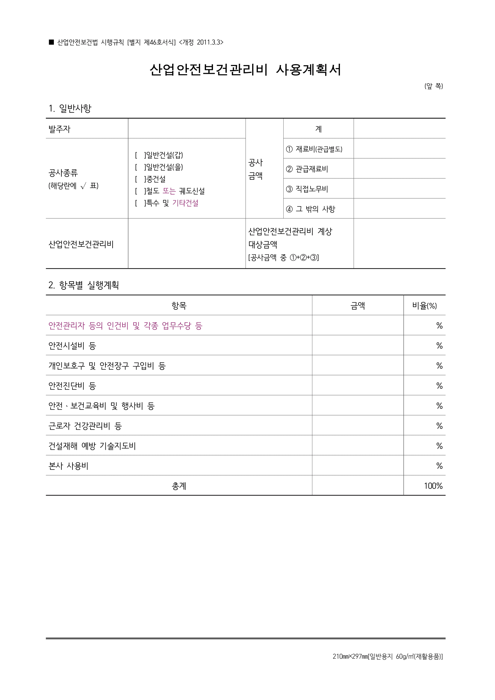 산업안전보건관리비 사용계획서